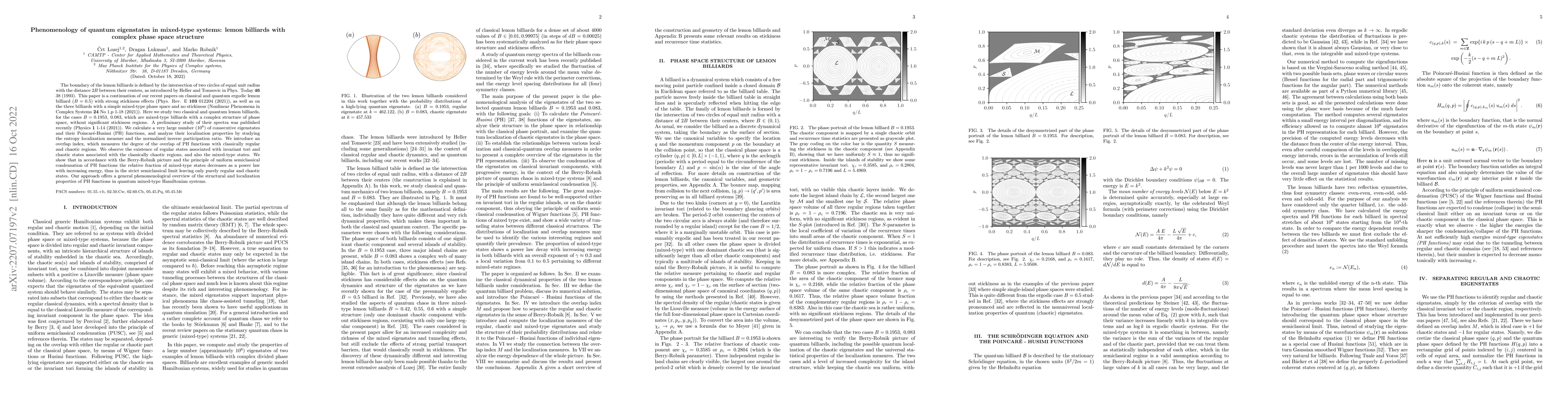 Thumbnail for Phenomenology of quantum eigenstates in mixed-type systems: lemon
  billiards with complex phase space structure