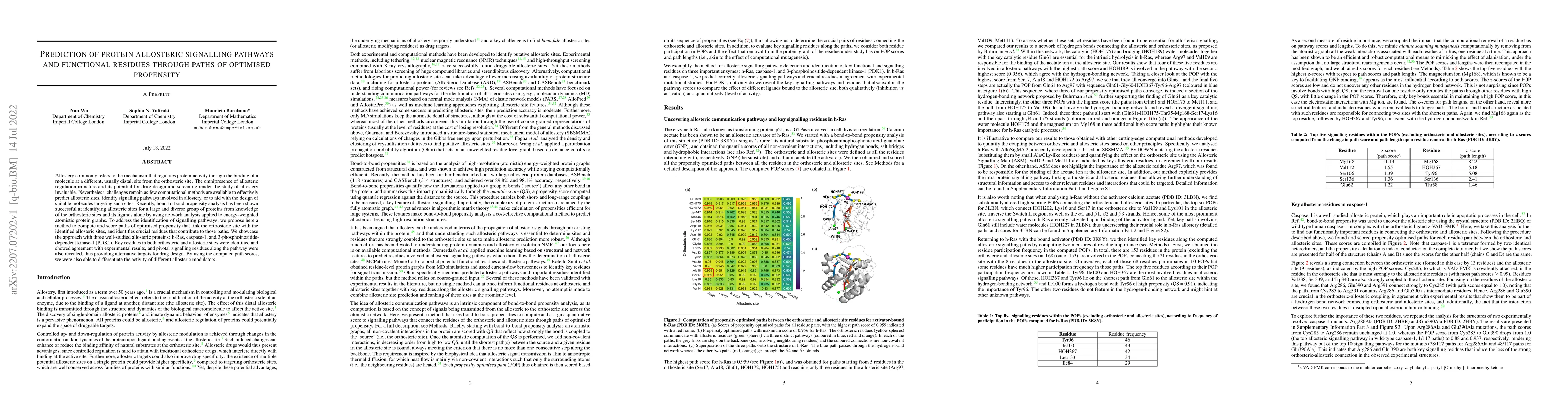 Thumbnail for Prediction of protein allosteric signalling pathways and functional
  residues through paths of optimised propensity
