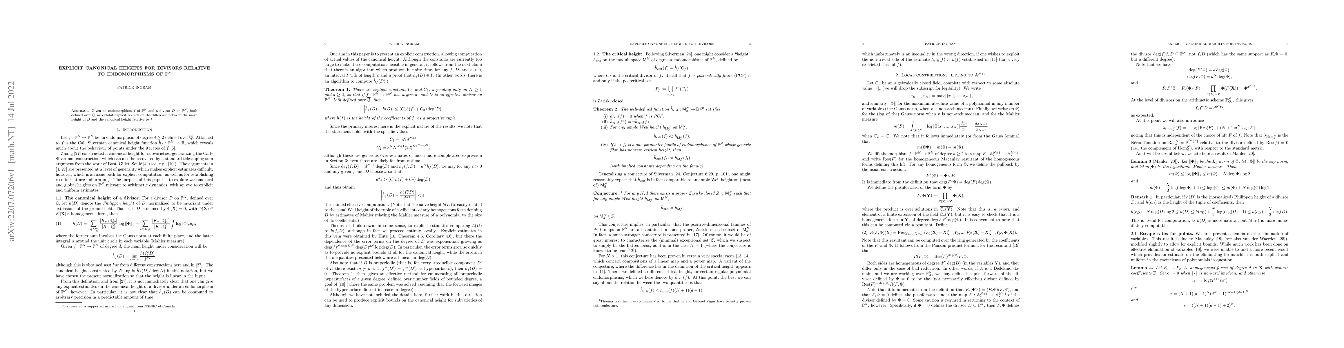 Thumbnail for Explicit canonical heights for divisors relative to endomorphisms of
  $\mathbb{P}^N$