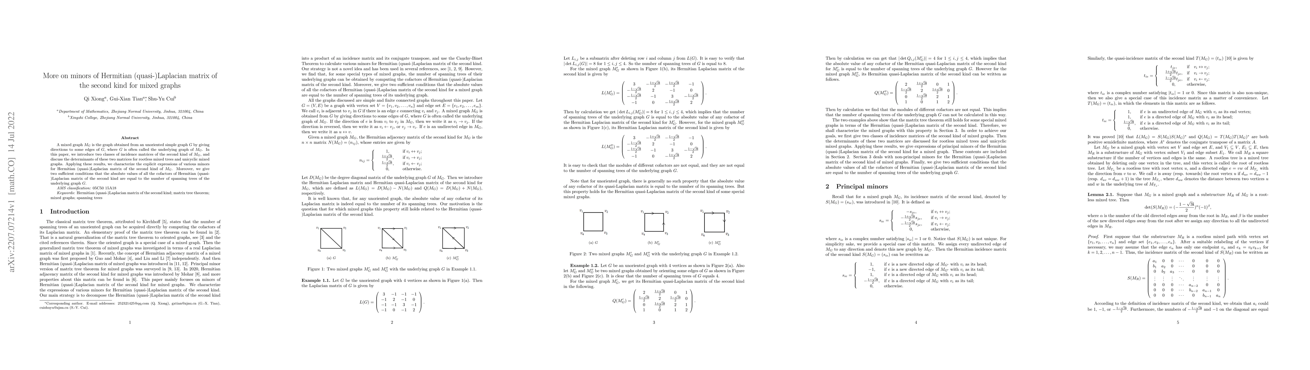 Thumbnail for More on minors of Hermitian (quasi-)Laplacian matrix of the second kind
  for mixed graphs