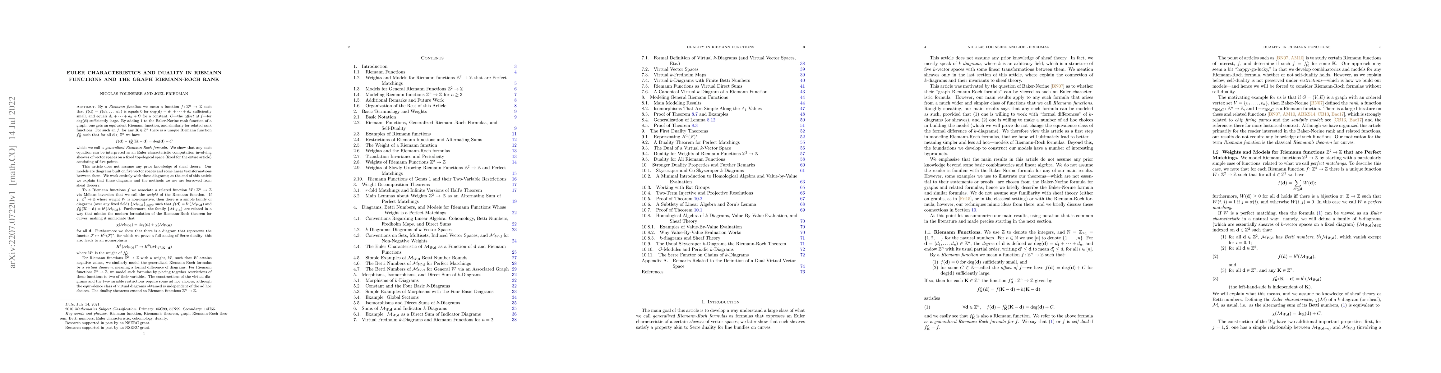 Thumbnail for Euler Characteristics and Duality in Riemann Functions and the Graph
  Riemann-Roch Rank
