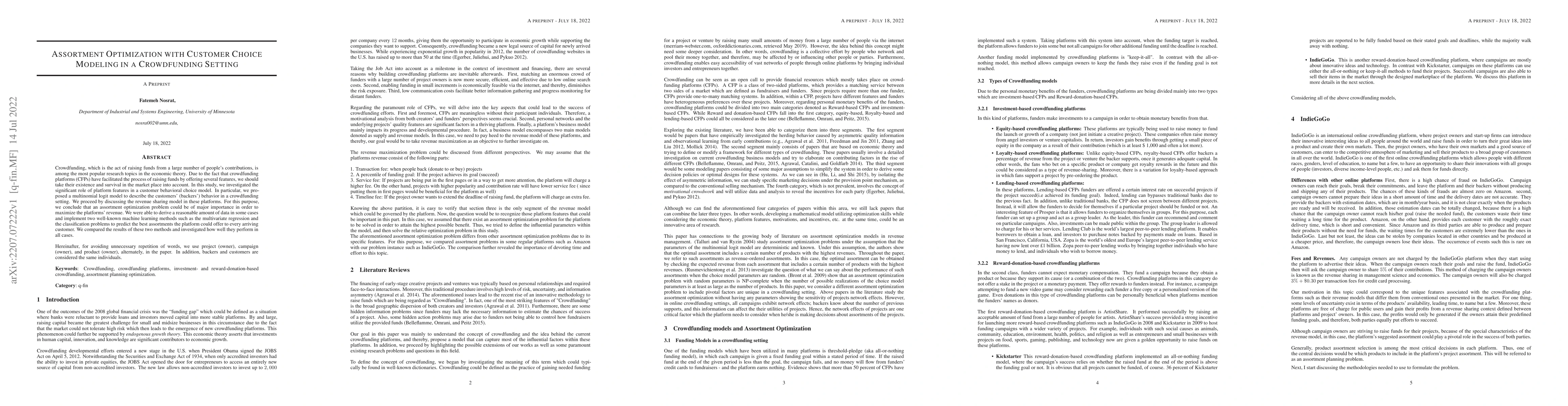 Thumbnail for Assortment Optimization with Customer Choice Modeling in a Crowdfunding
  Setting