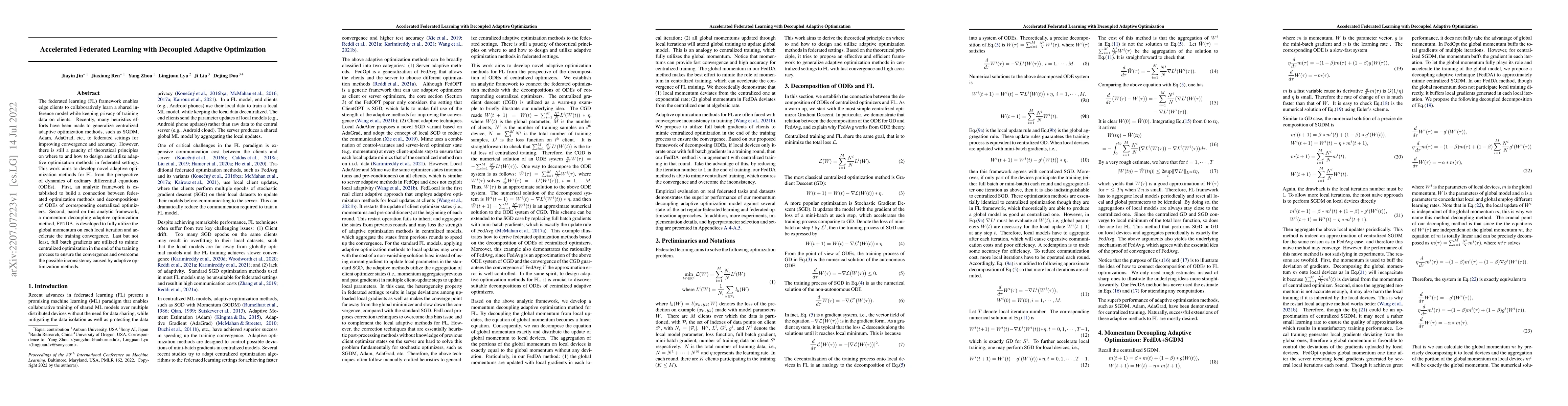 Thumbnail for Accelerated Federated Learning with Decoupled Adaptive Optimization