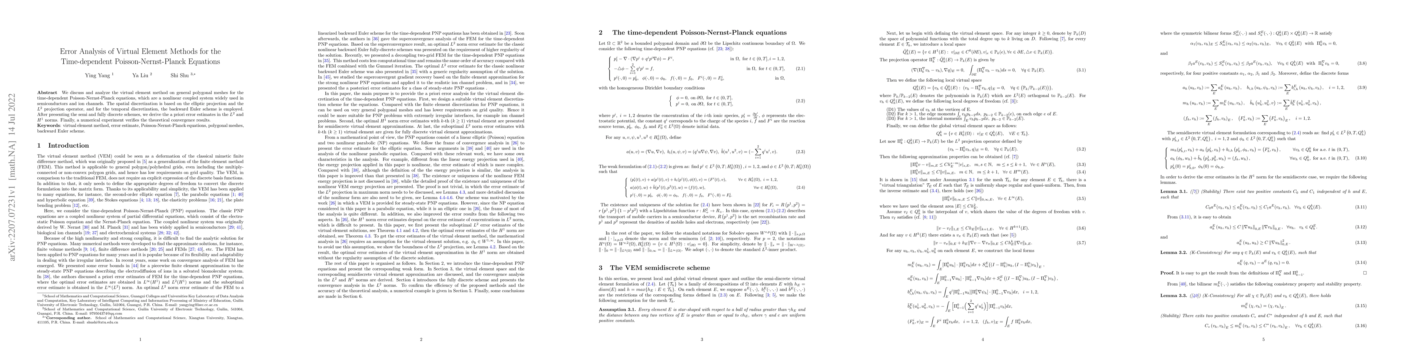 Thumbnail for Error Analysis of Virtual Element Methods for the Time-dependent
  Poisson-Nernst-Planck Equations