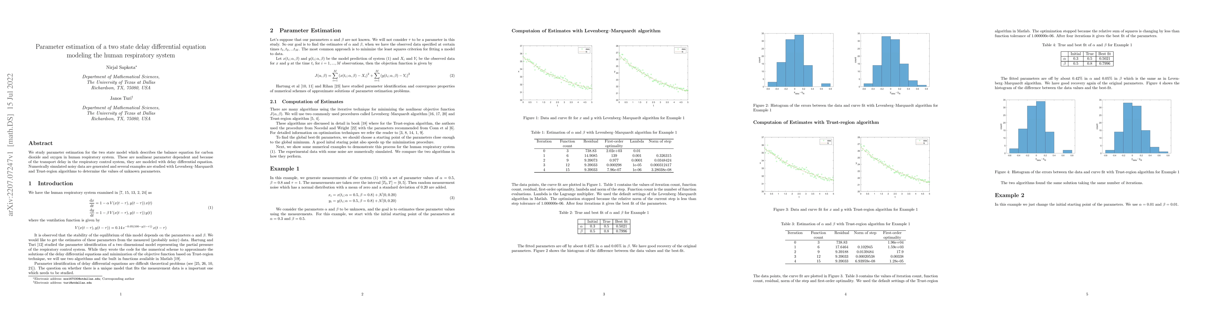 Thumbnail for Parameter estimation of a two state delay differential equation modeling
  the human respiratory system