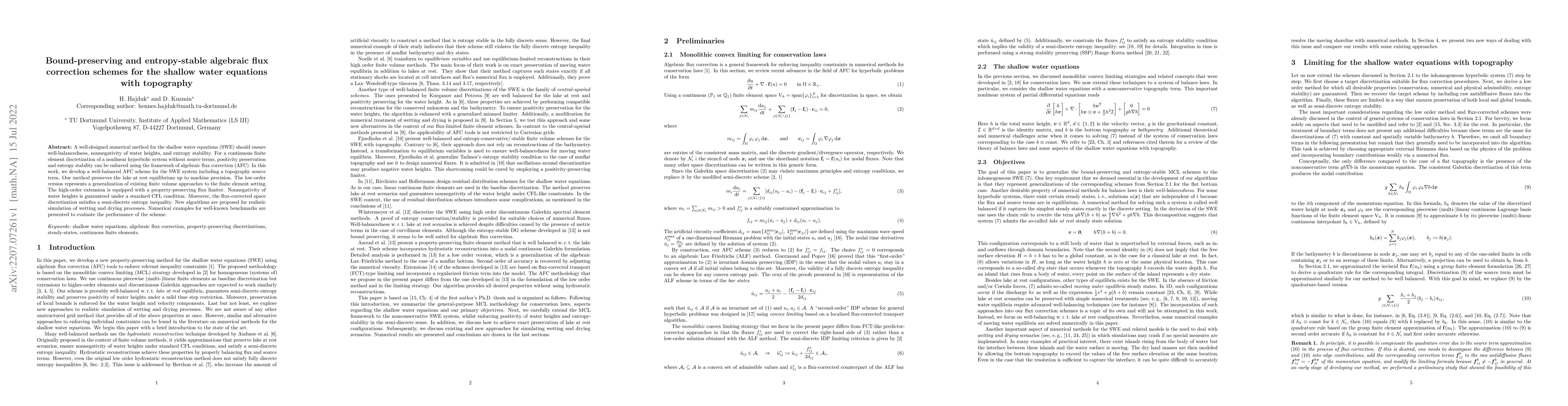 Thumbnail for Bound-preserving and entropy-stable algebraic flux correction schemes
  for the shallow water equations with topography