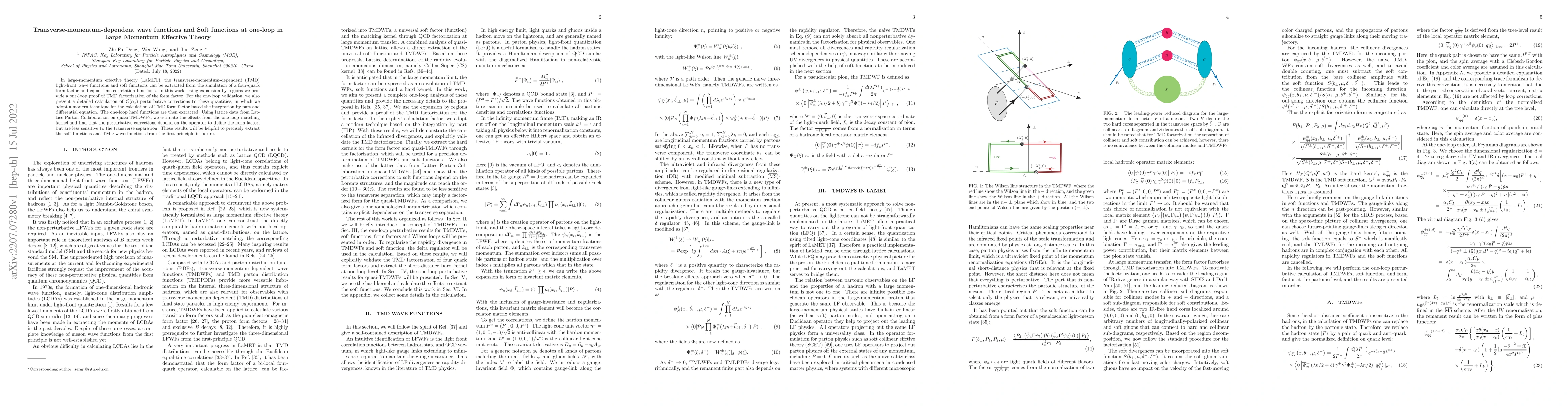 Thumbnail for Transverse-momentum-dependent wave functions and Soft functions at
  one-loop in Large Momentum Effective Theory