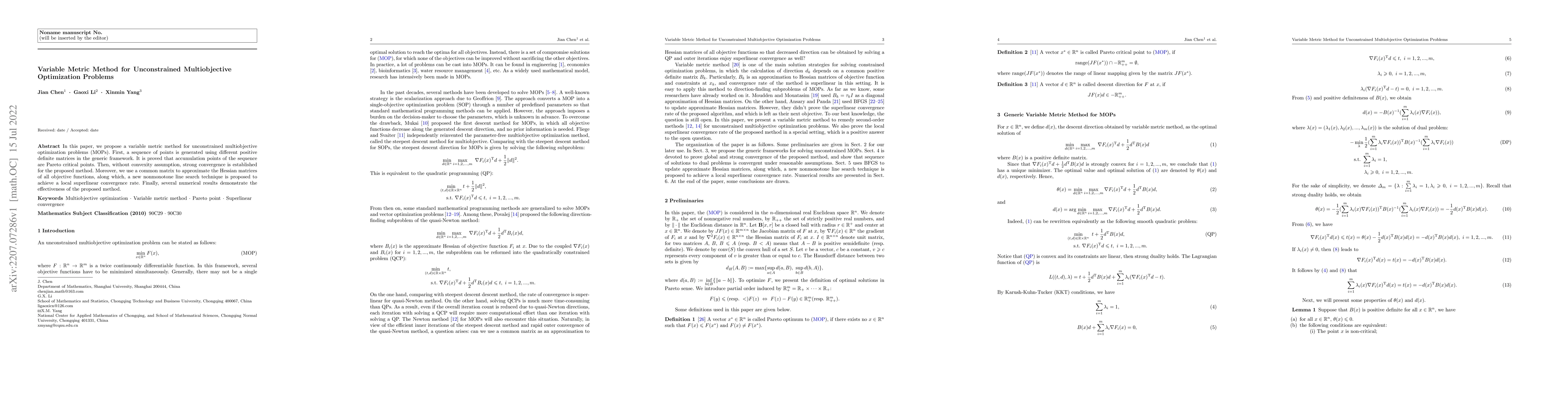 Thumbnail for Variable Metric Method for Unconstrained Multiobjective Optimization
  Problems
