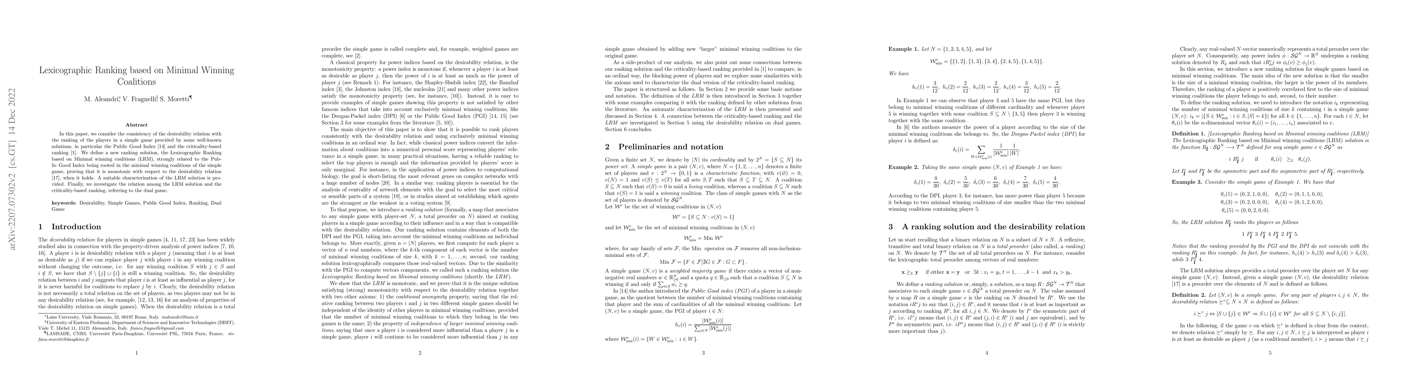 Thumbnail for Lexicographic Ranking based on Minimal Winning Coalitions