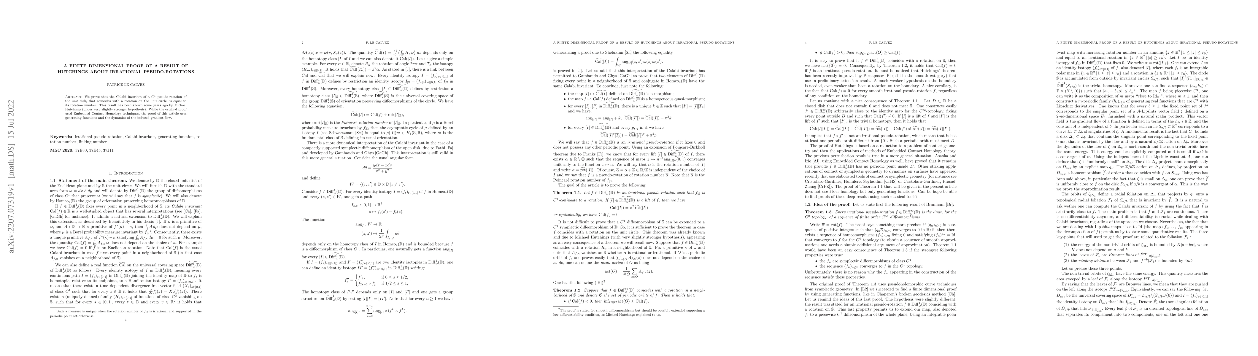 Thumbnail for A finite dimensional proof of a result of Hutchings about irrational
  pseudo-rotations