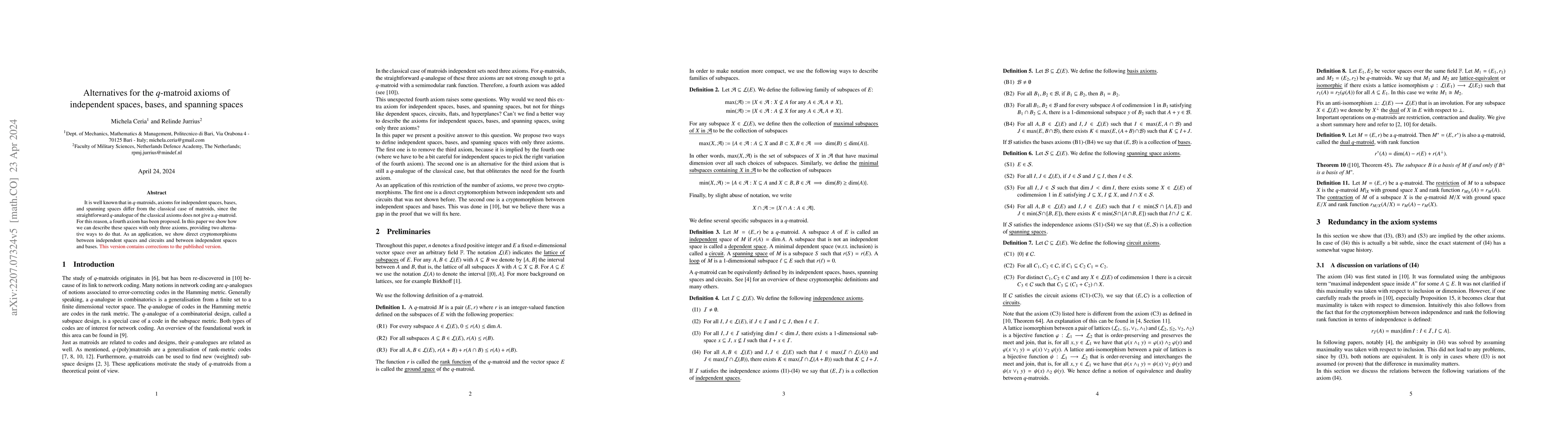 Thumbnail for Alternatives for the $q$-matroid axioms of independent spaces, bases,
  and spanning spaces