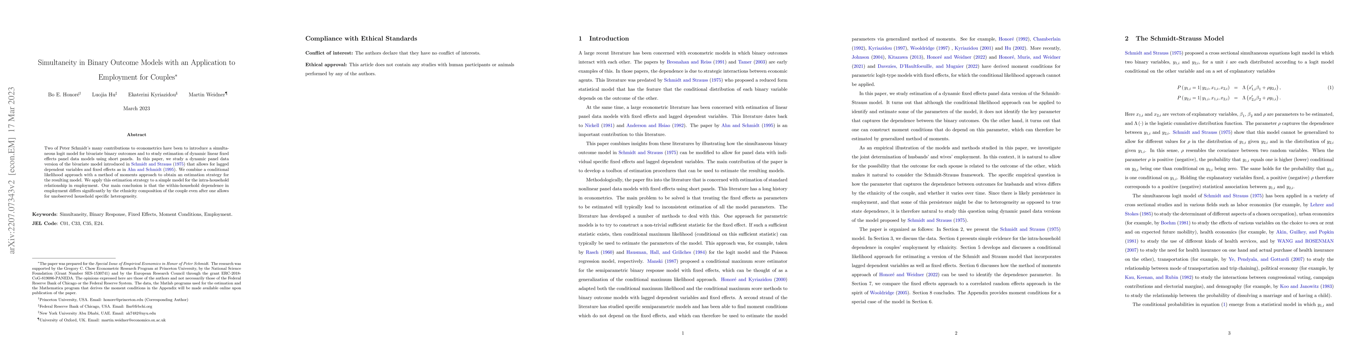 Thumbnail for Simultaneity in Binary Outcome Models with an Application to Employment
  for Couples