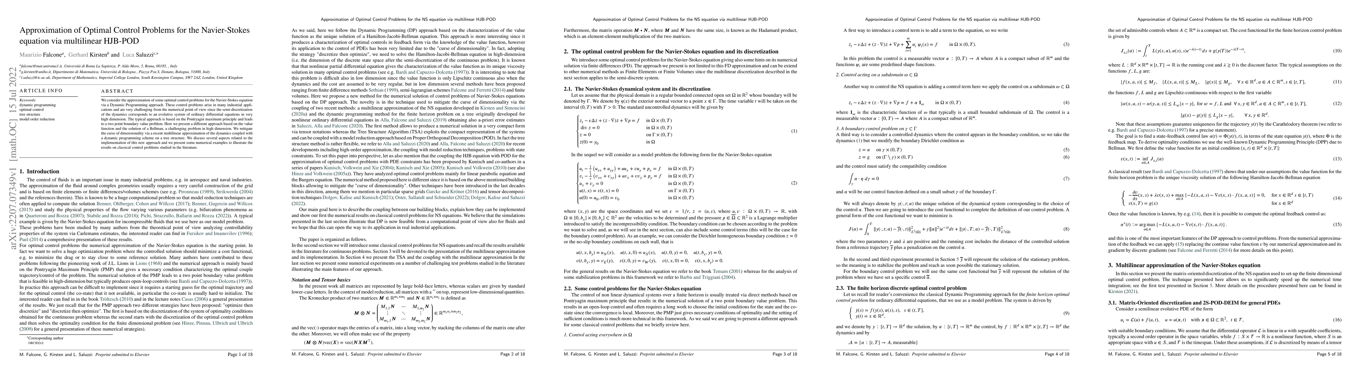 Thumbnail for Approximation of Optimal Control Problems for the Navier-Stokes equation
  via multilinear HJB-POD