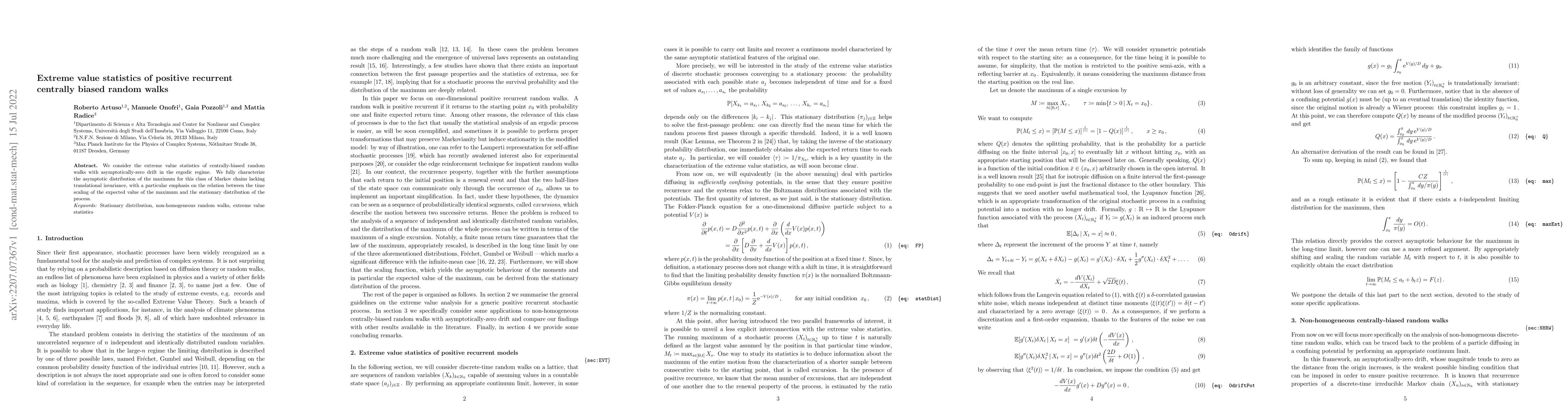 Thumbnail for Extreme value statistics of positive recurrent centrally biased random
  walks
