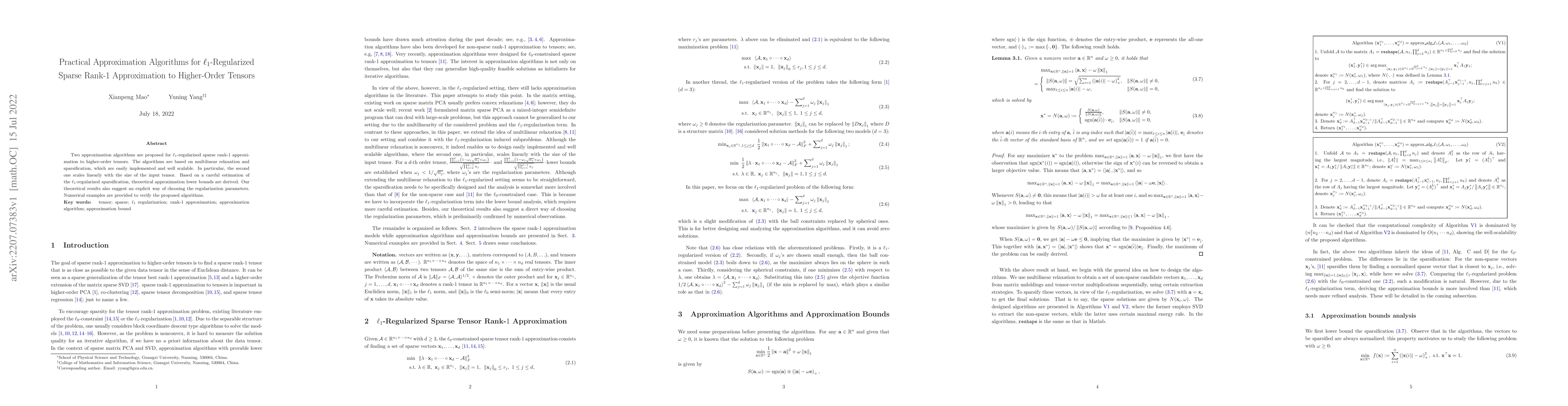 Thumbnail for Practical Approximation Algorithms for $\ell_1$-Regularized Sparse
  Rank-$1$ Approximation to Higher-Order Tensors