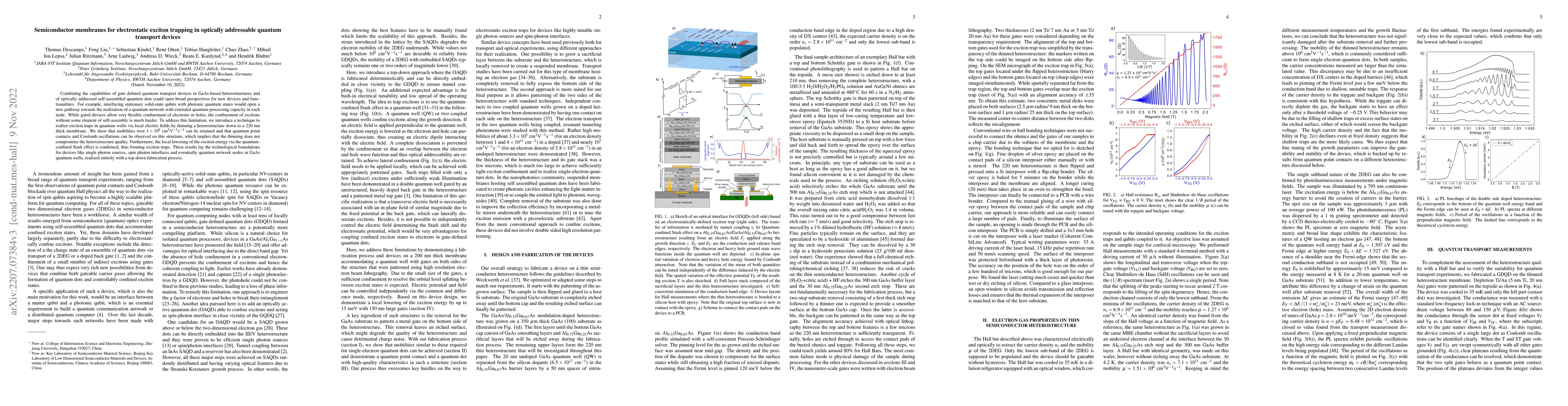 Thumbnail for Semiconductor membranes for electrostatic exciton trapping in optically
  addressable quantum transport devices