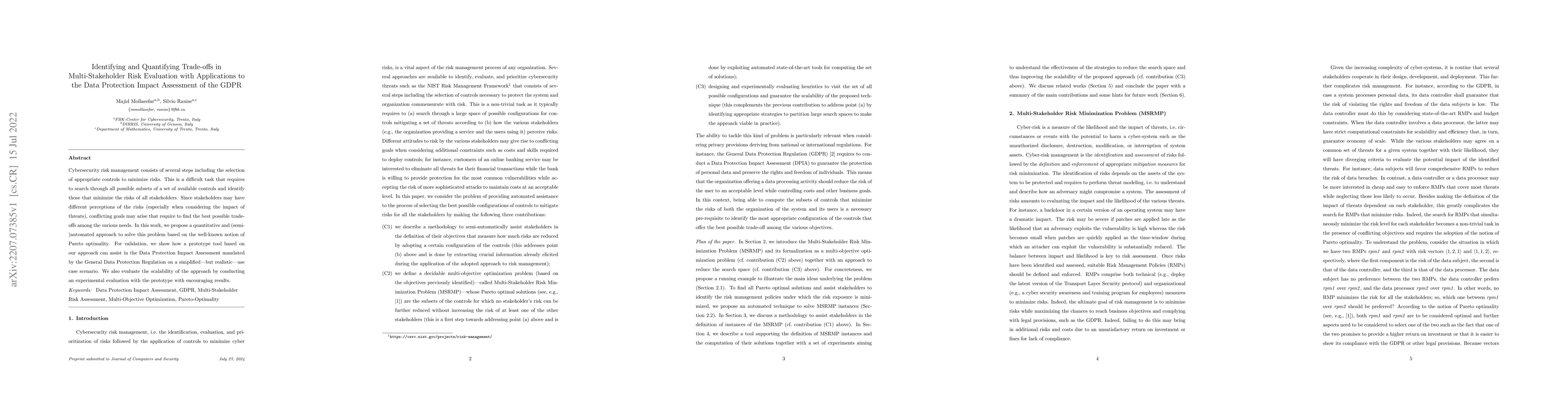 Thumbnail for Identifying and Quantifying Trade-offs in Multi-Stakeholder Risk
  Evaluation with Applications to the Data Protection Impact Assessment of the
  GDPR
