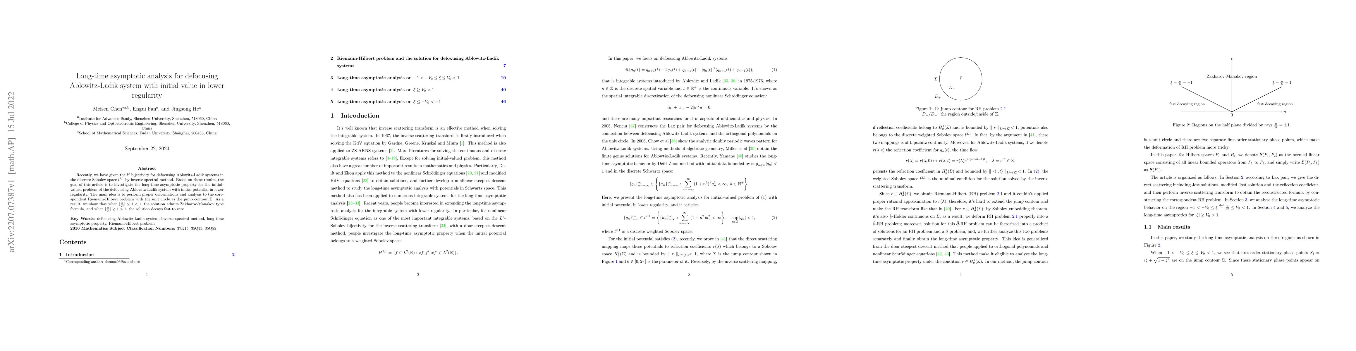 Thumbnail for Long-time asymptotic analysis for defocusing Ablowitz-Ladik system with
  initial value in lower regularity