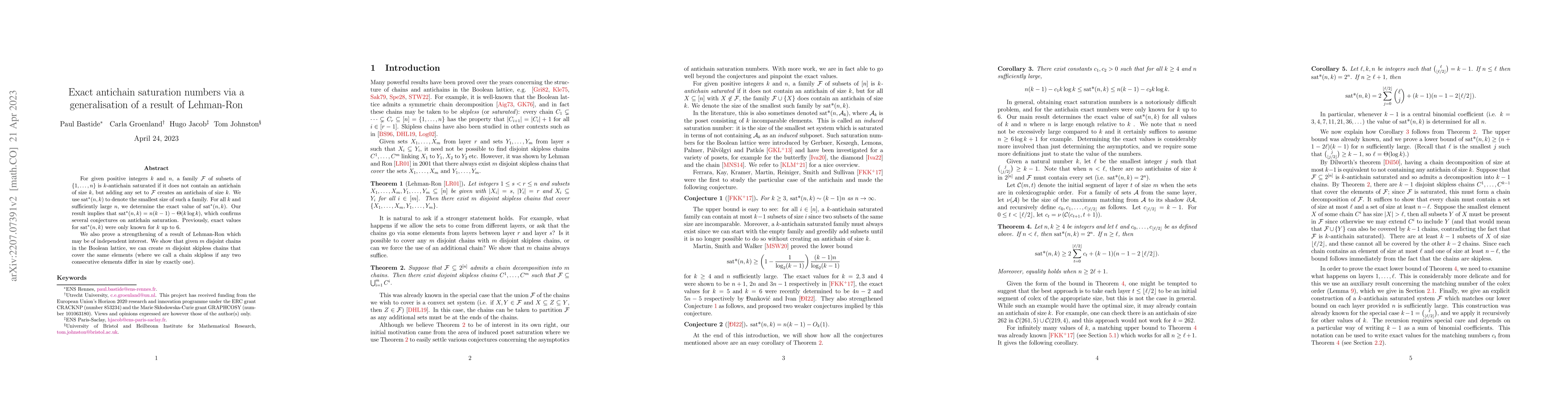 Thumbnail for Exact antichain saturation numbers via a generalisation of a result of
  Lehman-Ron