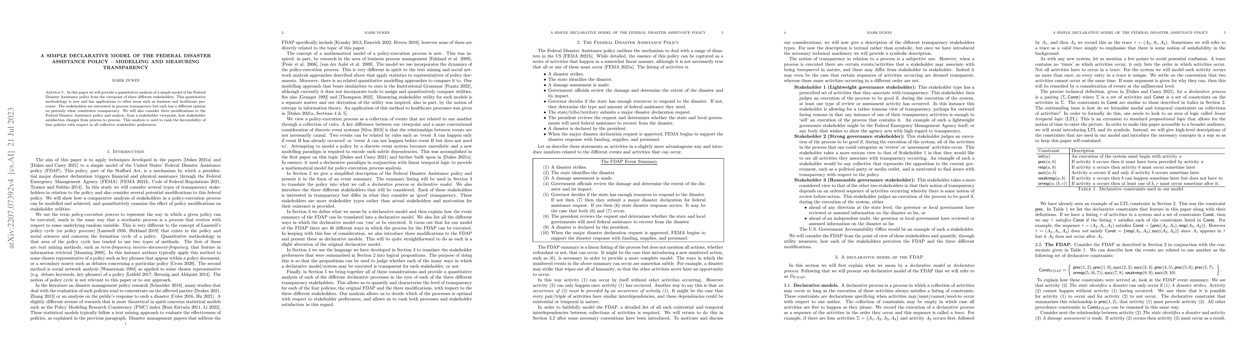 Thumbnail for A simple declarative model of the Federal Disaster Assistance Policy --
  modelling and measuring transparency