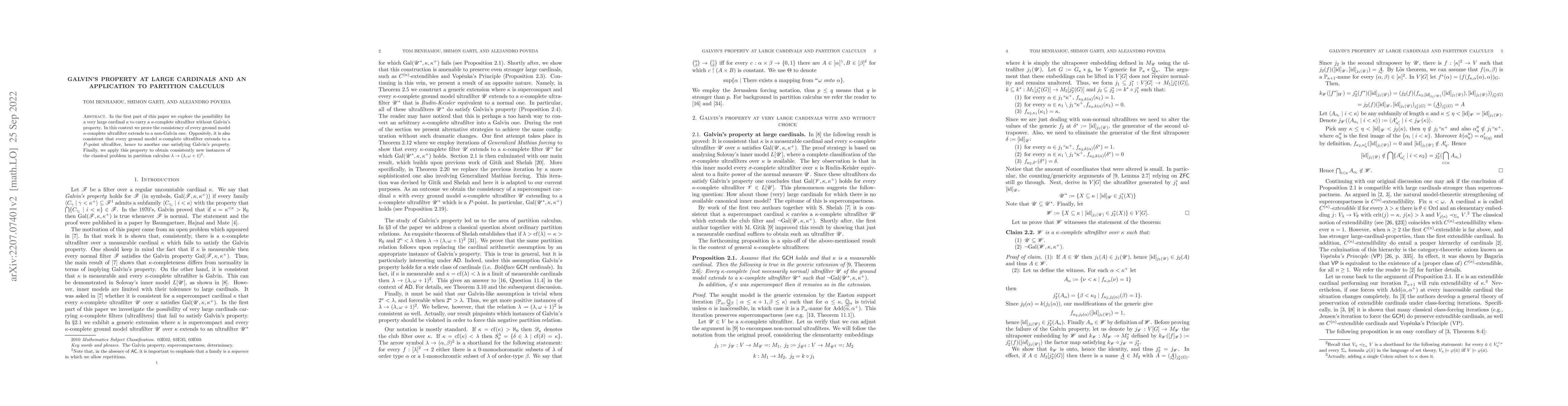 Thumbnail for Galvin's property at large cardinals and an application to partition
  calculus
