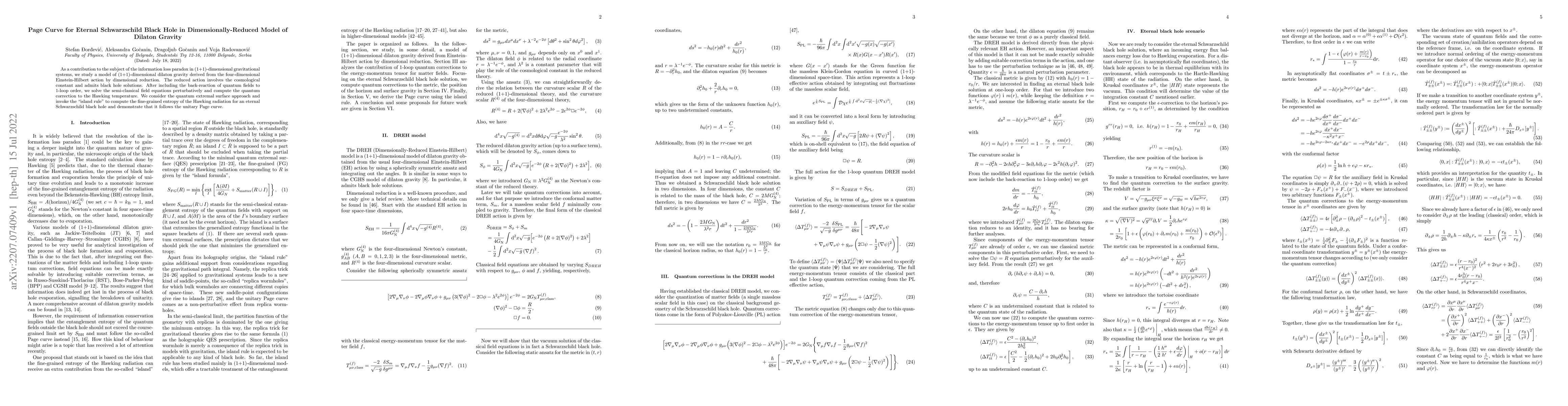 Thumbnail for Page Curve for Eternal Schwarzschild Black Hole in Dimensionally-Reduced
  Model of Dilaton Gravity