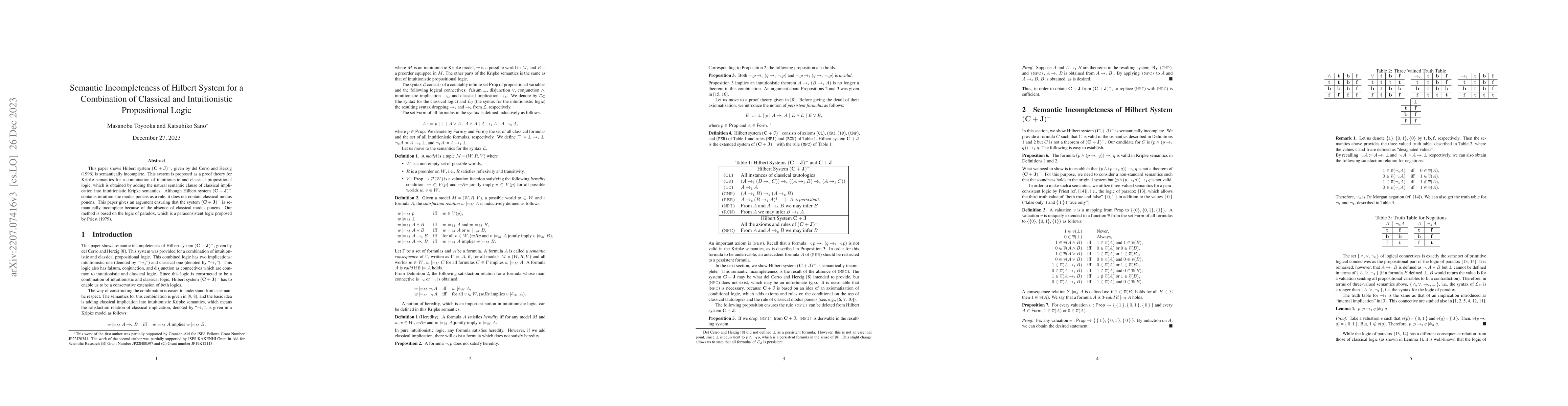 Thumbnail for Semantic Incompleteness of Hilbert System for a Combination of Classical
  and Intuitionistic Propositional Logic