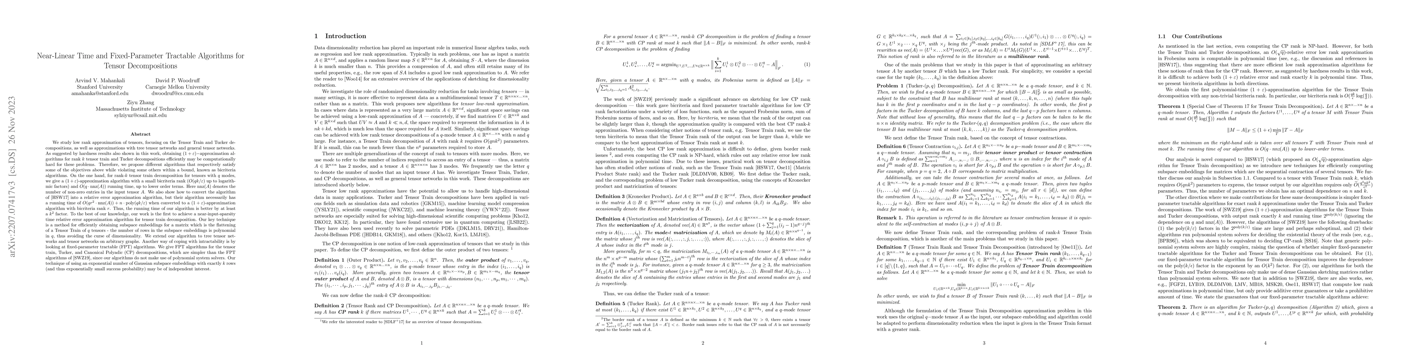 Thumbnail for Near-Linear Time and Fixed-Parameter Tractable Algorithms for Tensor
  Decompositions