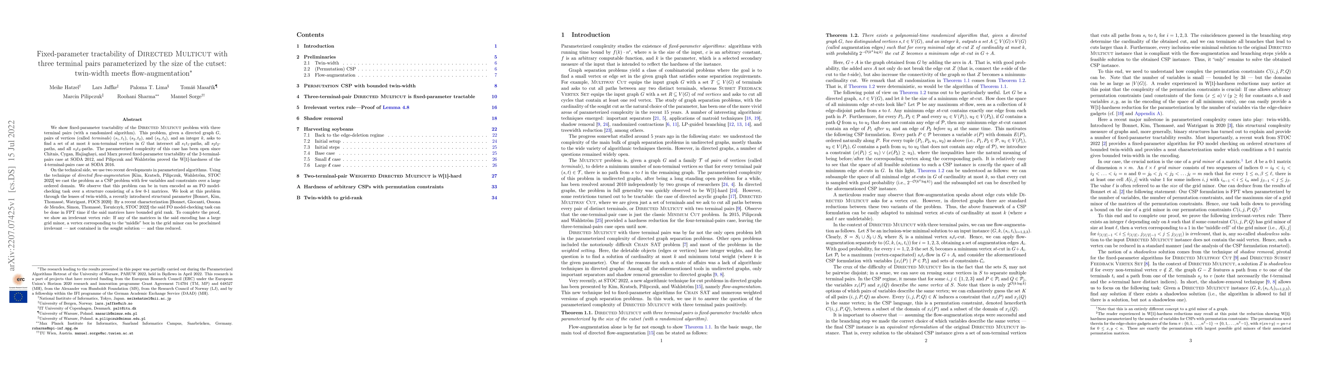 Thumbnail for Fixed-parameter tractability of Directed Multicut with three terminal
  pairs parameterized by the size of the cutset: twin-width meets
  flow-augmentation