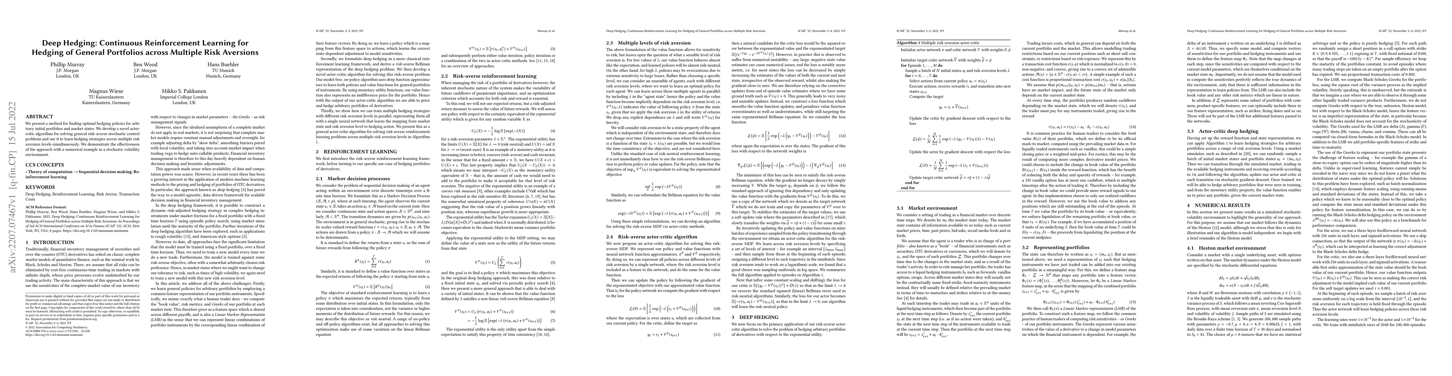 Thumbnail for Deep Hedging: Continuous Reinforcement Learning for Hedging of General
  Portfolios across Multiple Risk Aversions