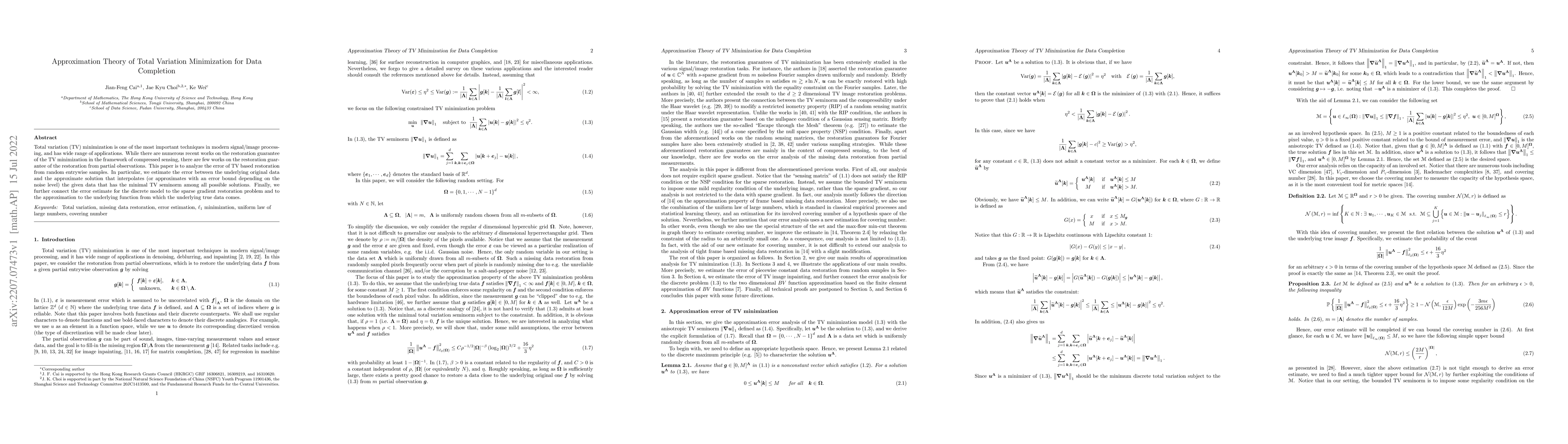 Thumbnail for Approximation Theory of Total Variation Minimization for Data Completion