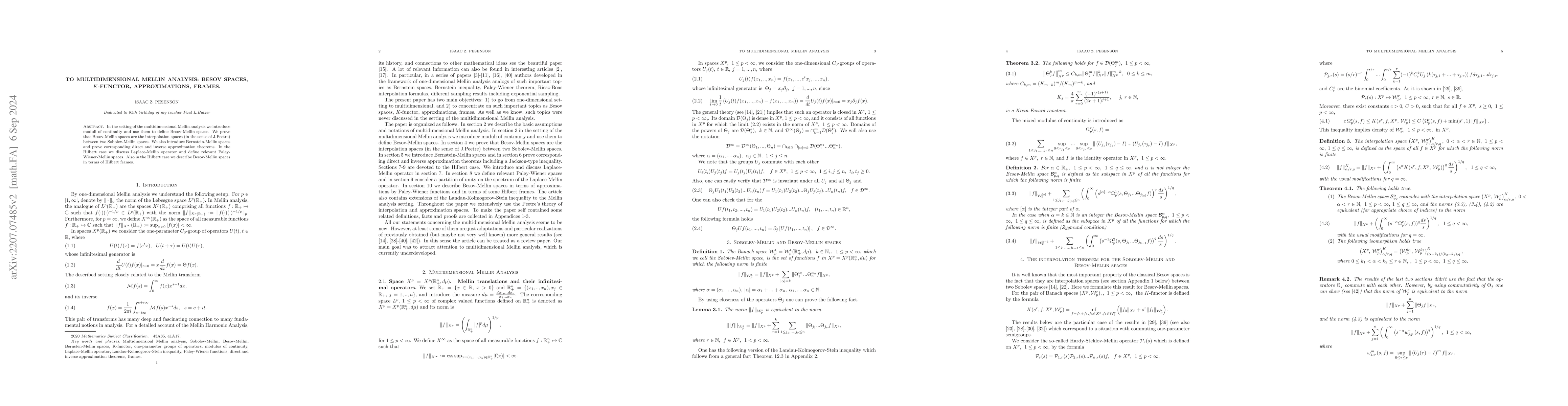 Thumbnail for To Multidimensional Mellin Analysis: Besov spaces, $K$-functor,
  approximations, frames