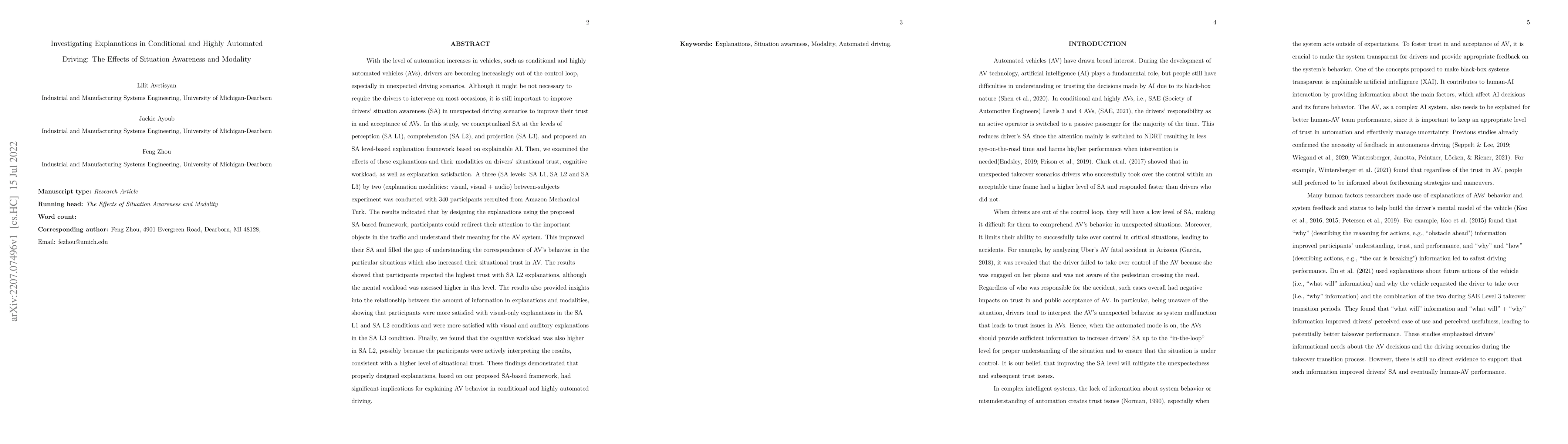 Thumbnail for Investigating Explanations in Conditional and Highly Automated Driving:
  The Effects of Situation Awareness and Modality