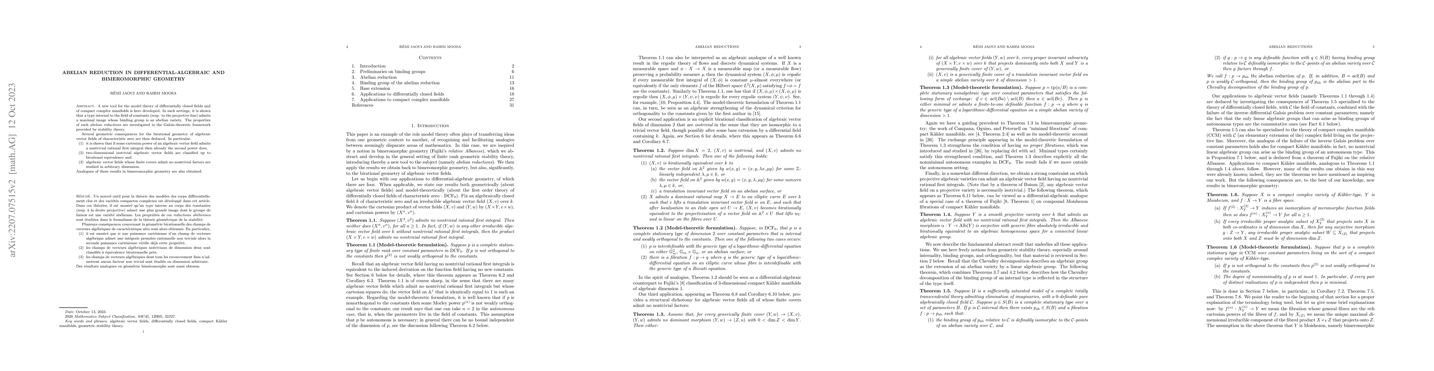 Thumbnail for Abelian reduction in differential-algebraic and bimeromorphic geometry