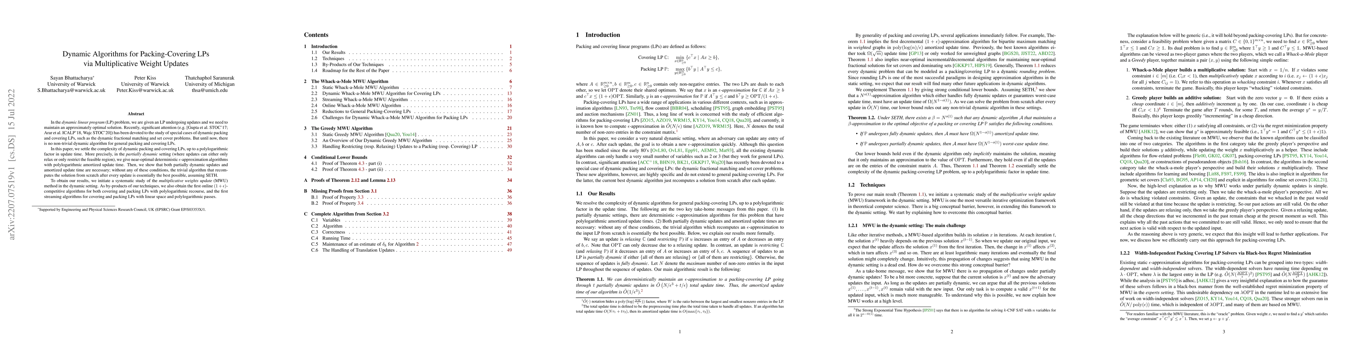 Thumbnail for Dynamic Algorithms for Packing-Covering LPs via Multiplicative Weight
  Updates