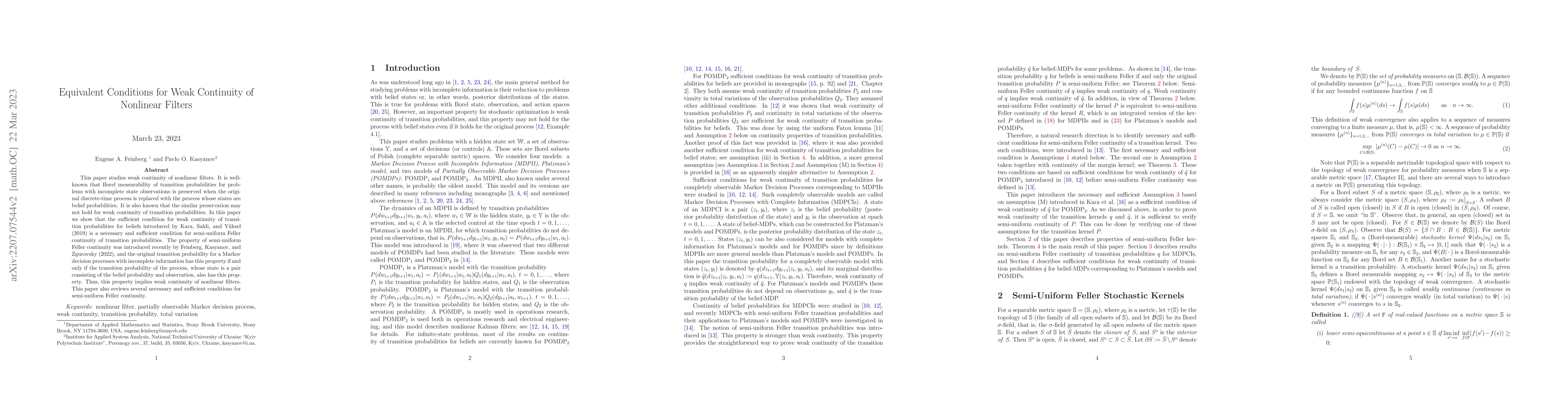 Thumbnail for Equivalent Conditions for Weak Continuity of Nonlinear Filters
