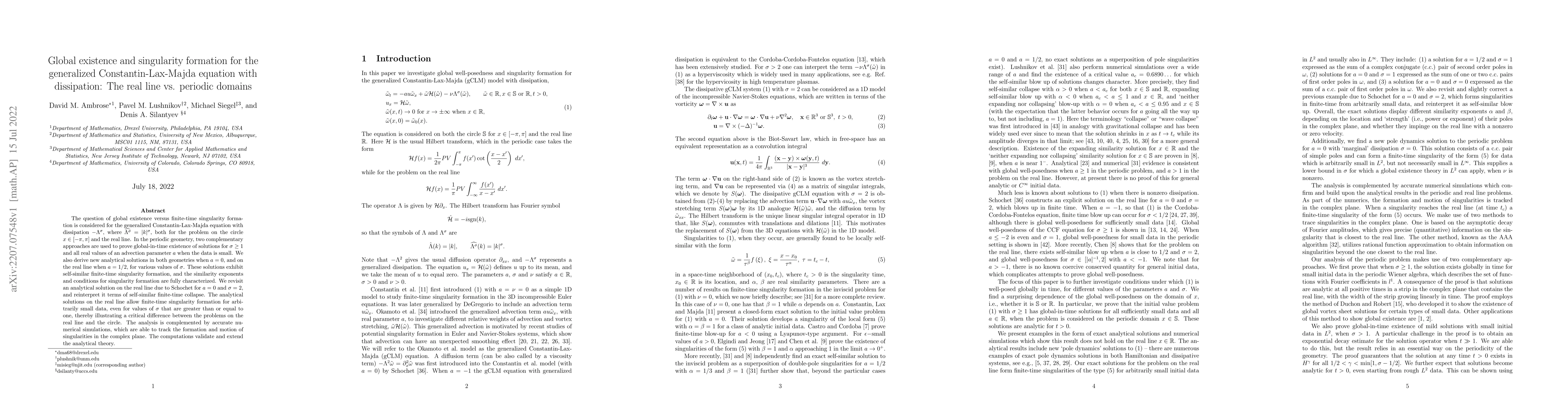 Thumbnail for Global existence and singularity formation for the generalized
  Constantin-Lax-Majda equation with dissipation: The real line vs. periodic
  domains