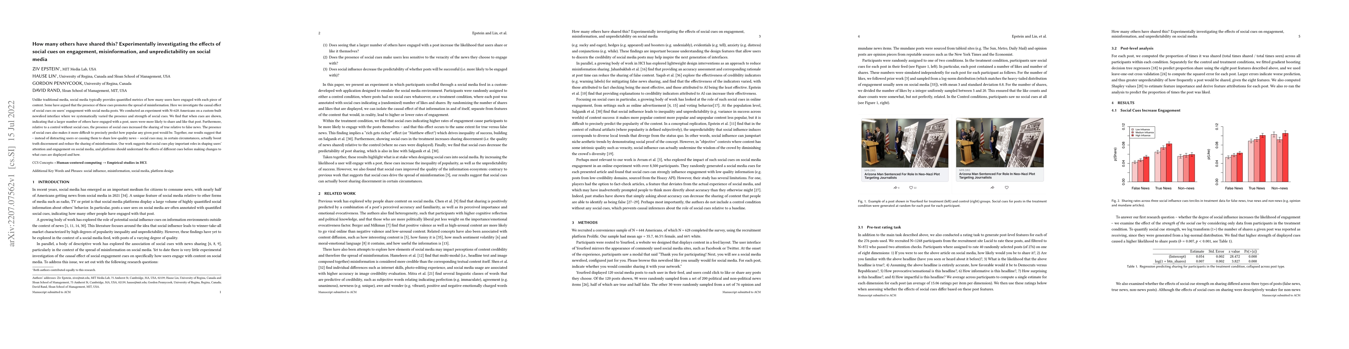 Thumbnail for How many others have shared this? Experimentally investigating the
  effects of social cues on engagement, misinformation, and unpredictability on
  social media