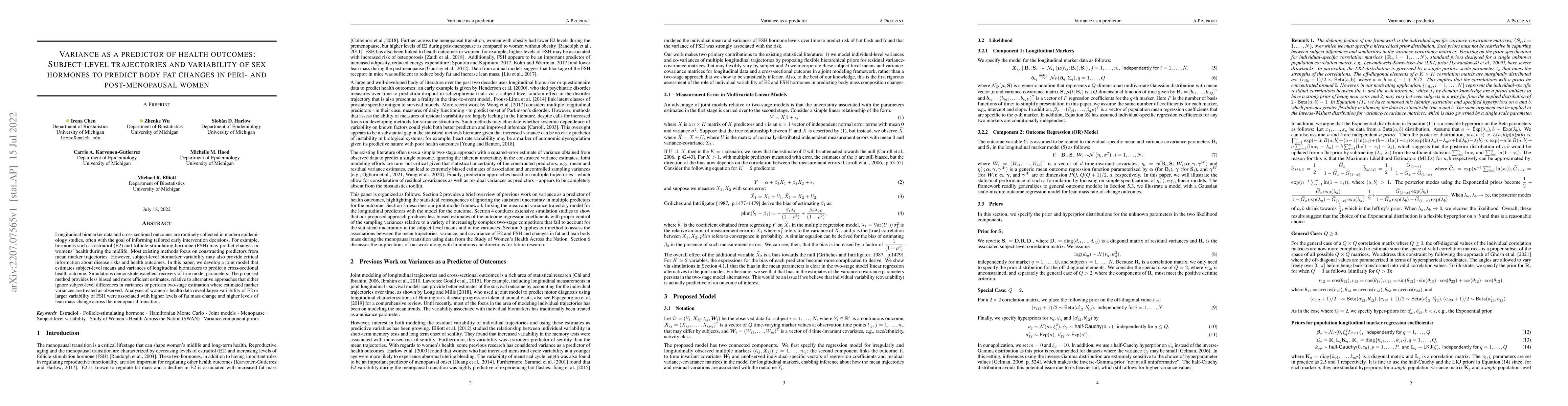 Thumbnail for Variance as a predictor of health outcomes: Subject-level trajectories
  and variability of sex hormones to predict body fat changes in peri- and
  post-menopausal women