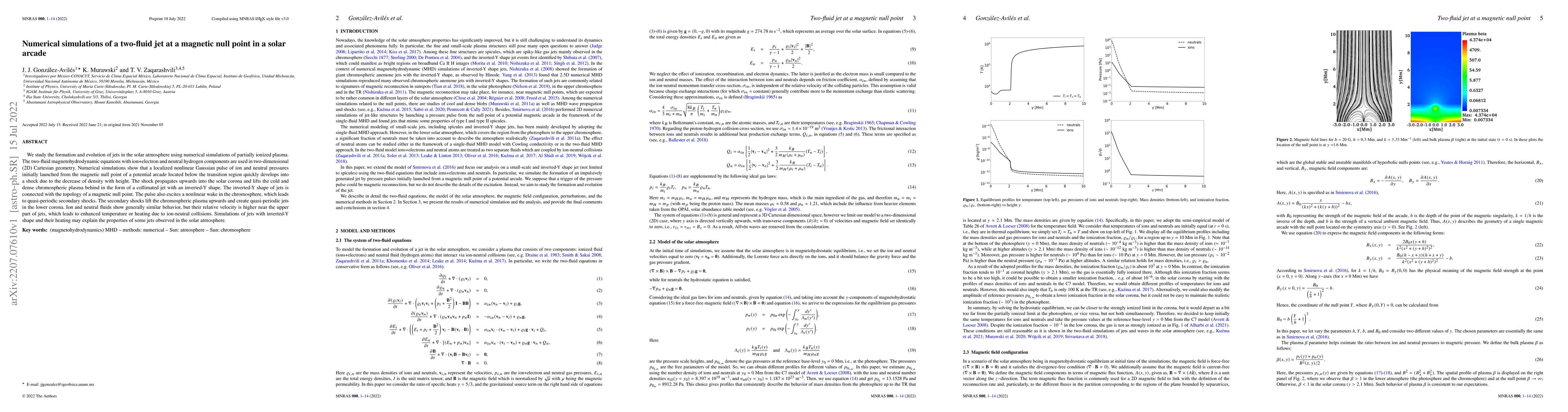 Thumbnail for Numerical simulations of a two-fluid jet at a magnetic null point in a
  solar arcade