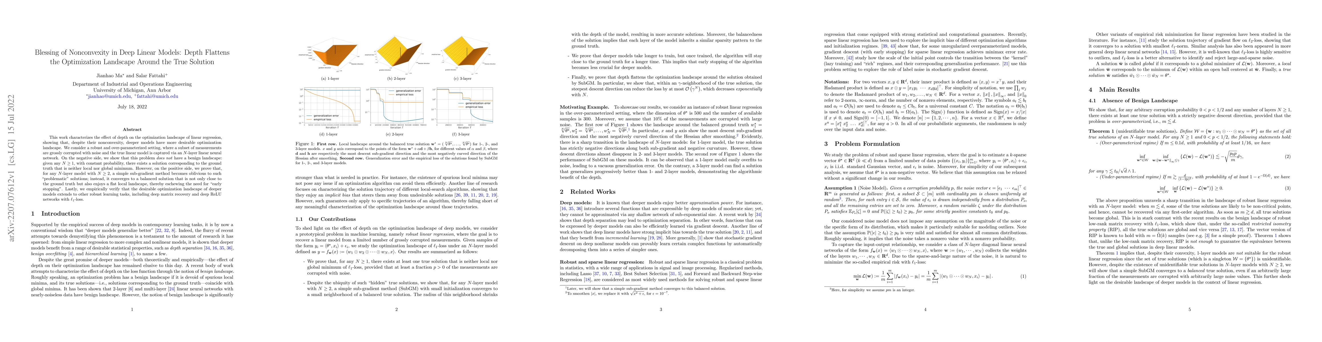 Thumbnail for Blessing of Nonconvexity in Deep Linear Models: Depth Flattens the
  Optimization Landscape Around the True Solution