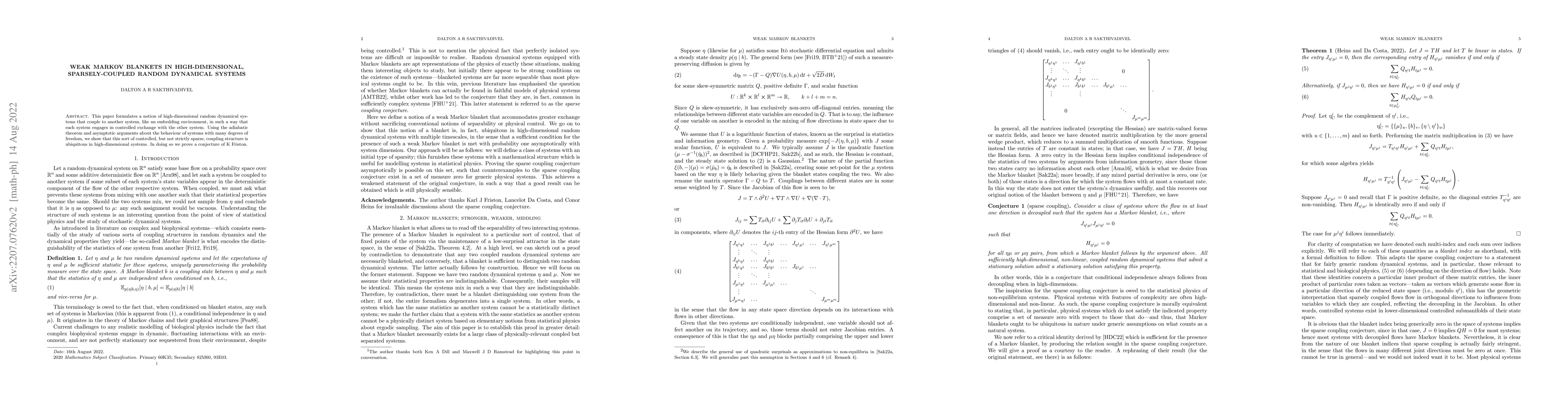 Thumbnail for Weak Markov Blankets in High-Dimensional, Sparsely-Coupled Random
  Dynamical Systems