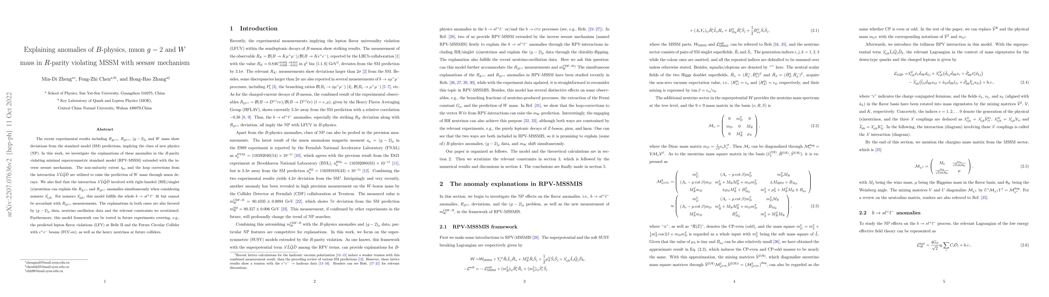 Thumbnail for Explaining anomalies of $B$-physics, muon $g-2$ and $W$ mass in
  $R$-parity violating MSSM with seesaw mechanism