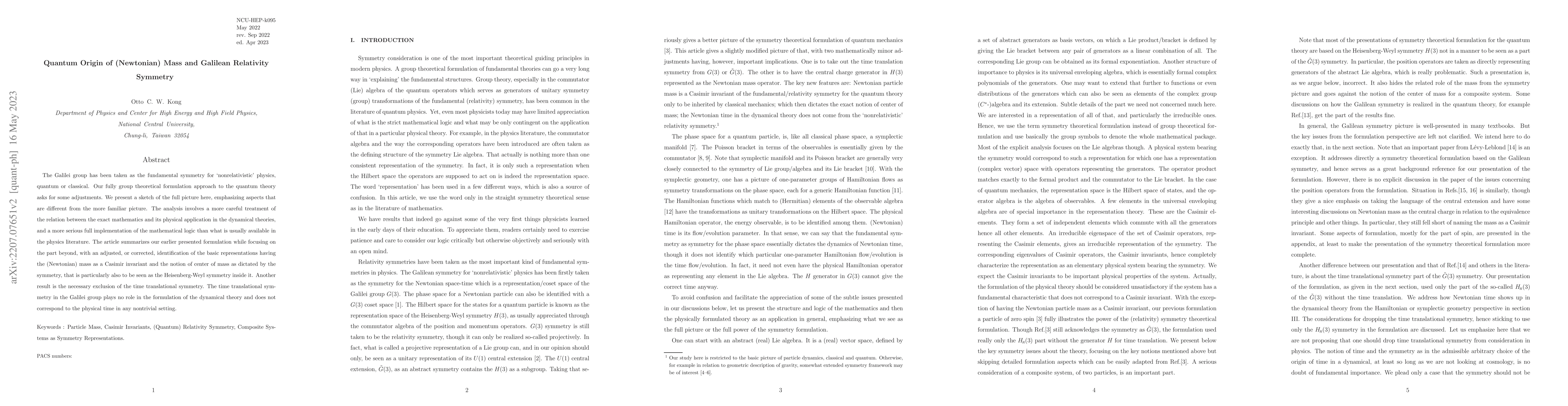 Thumbnail for Quantum Origin of (Newtonian) Mass and Galilean Relativity Symmetry
