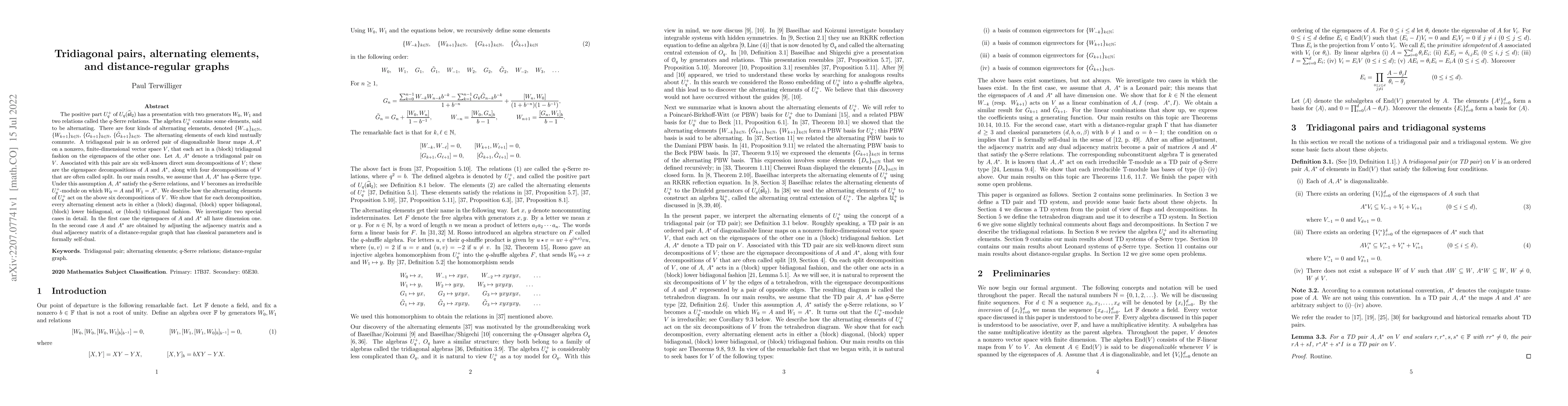 Thumbnail for Tridiagonal pairs, alternating elements, and distance-regular graphs
