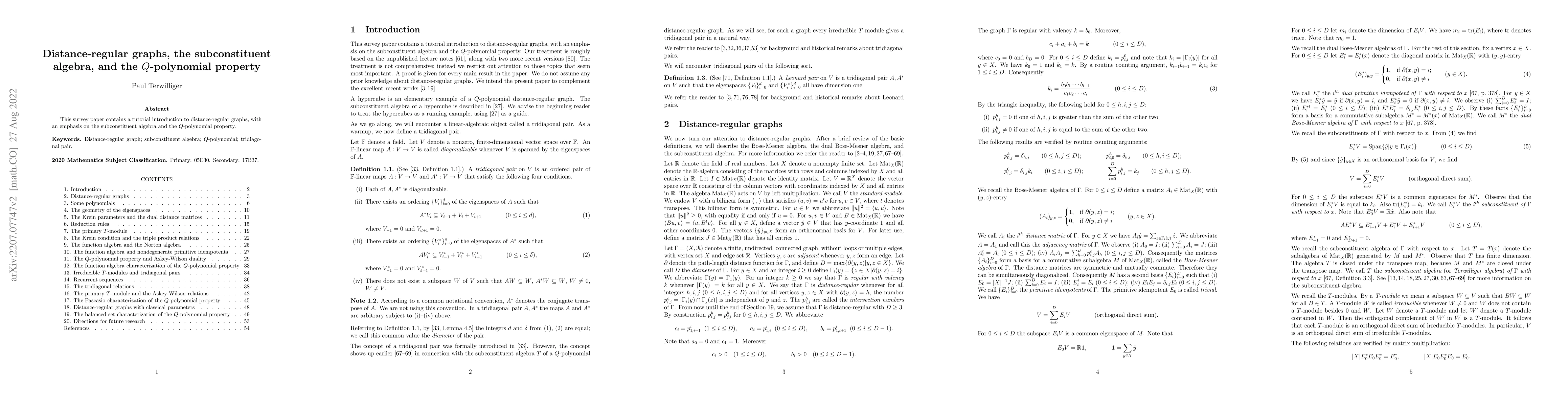 Thumbnail for Distance-regular graphs, the subconstituent algebra, and the
  $Q$-polynomial property