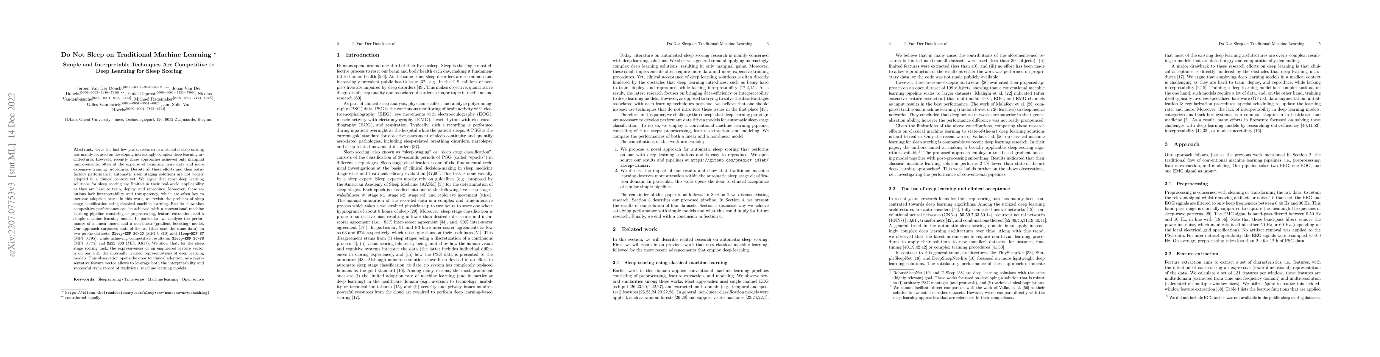 Thumbnail for Do Not Sleep on Traditional Machine Learning: Simple and Interpretable
  Techniques Are Competitive to Deep Learning for Sleep Scoring