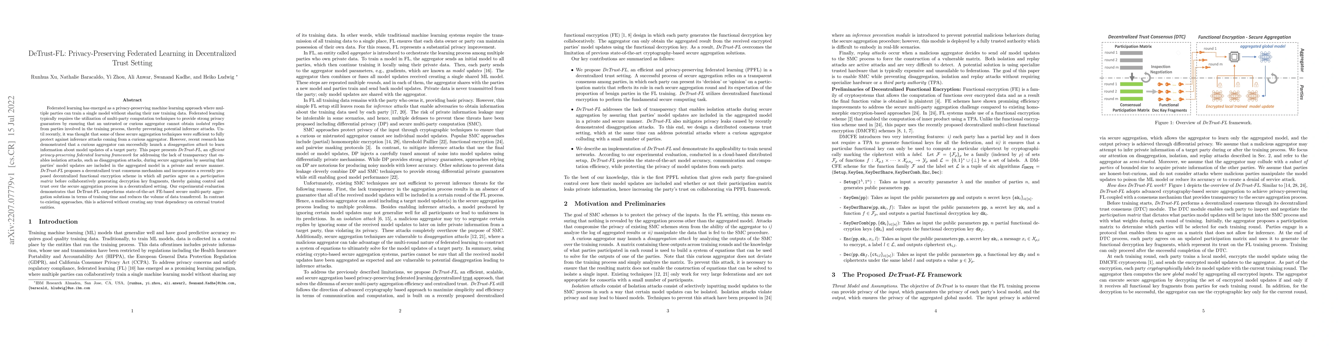 Thumbnail for DeTrust-FL: Privacy-Preserving Federated Learning in Decentralized Trust
  Setting