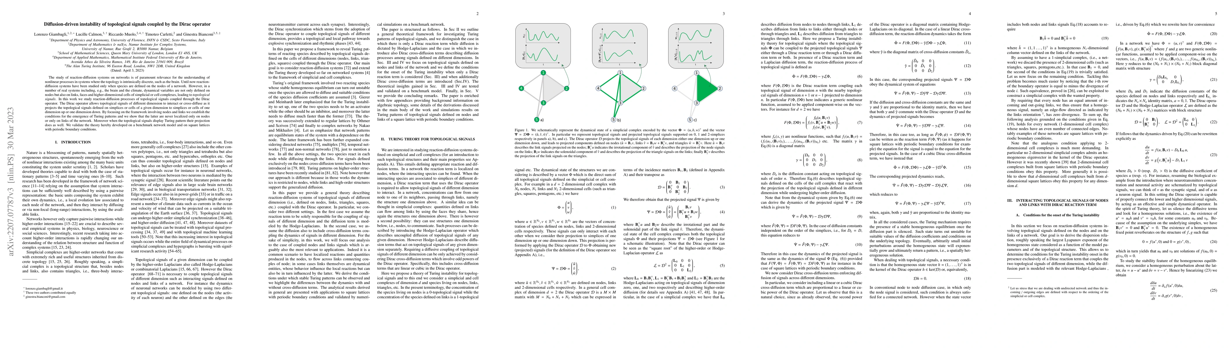 Thumbnail for Diffusion-driven instability of topological signals coupled by the Dirac
  operator