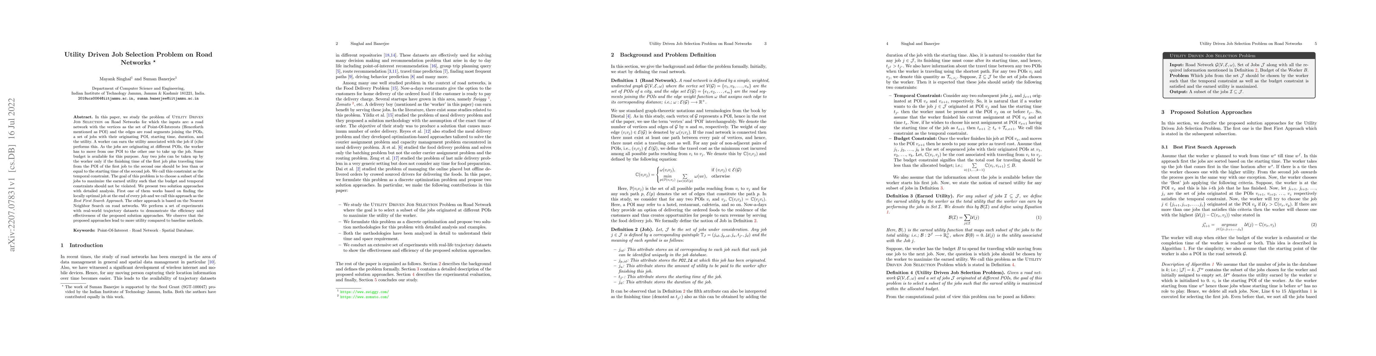 Thumbnail for Utility Driven Job Selection Problem on Road Networks